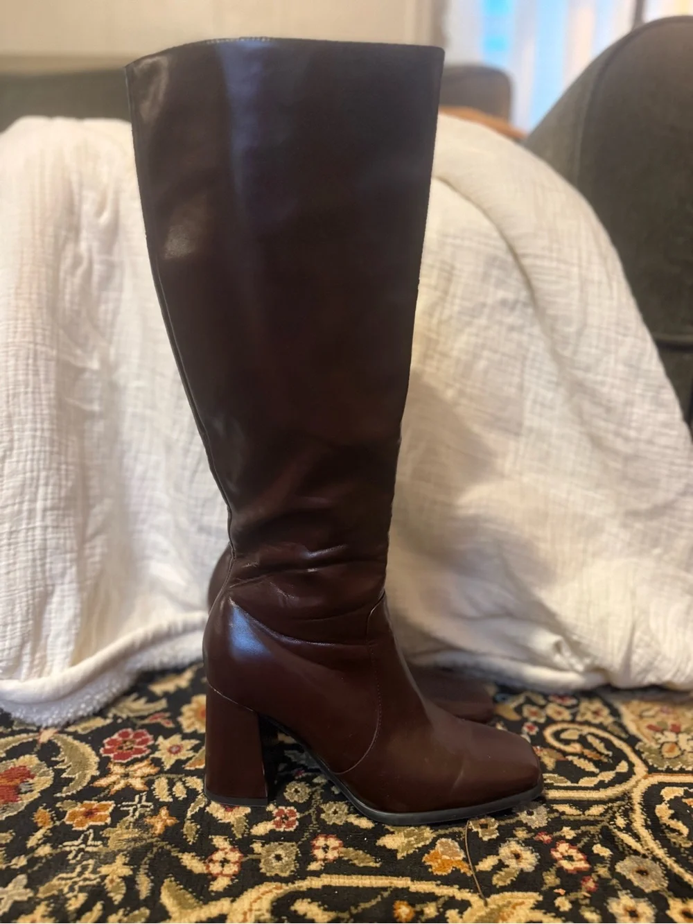 Women’s Tall Burgundy Leather Block Heel Boots